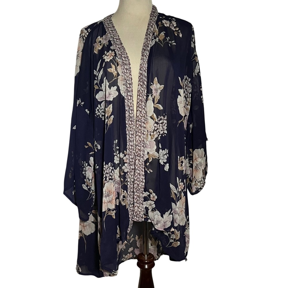 Band of Gypsies Kimono Cardigan Womens XS/S Navy Floral Sheer High Low Chiffon